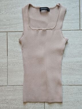 MEROKEETY Women's Ribbed Square Neck Tank Top in Beige